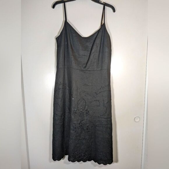 Ann Taylor Loft Linen Black V-Neck Spaghetti Strap Embellished Dress Size 12 - Picture 3 of 11